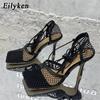 Fashion Eilyken Sexy Mesh Pumps Sandals Female Square Toe High Heel Lace Up Cross-tied Stiletto Hollow Dress Shoes Size 35-42