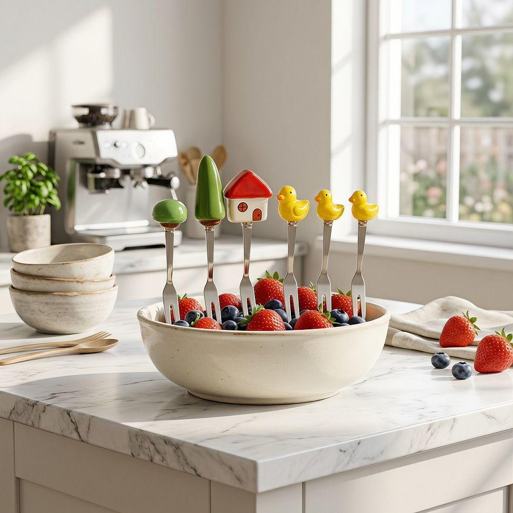 6Pcs Creative Stainless Steel Cake Fork Reusable Cute Fruit Forks  Coffee Stirring