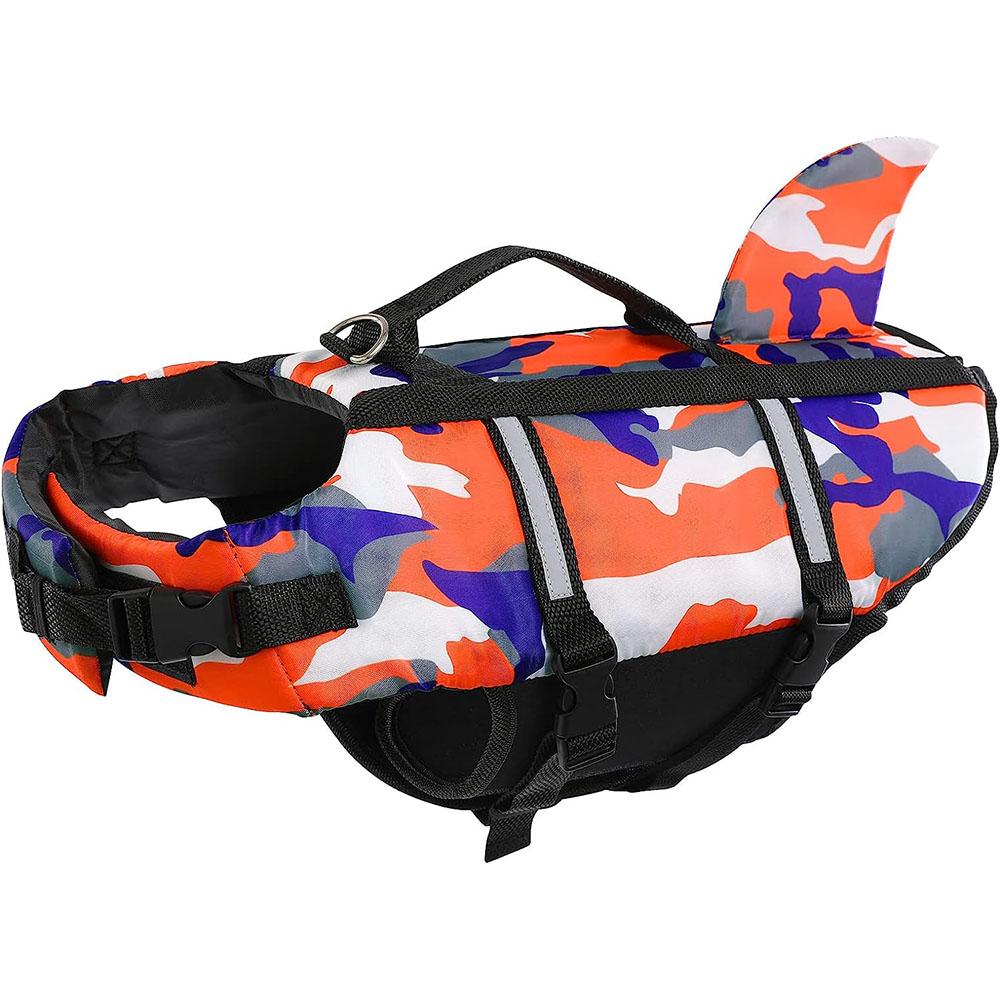 Camo Dog Life Jacket with Shark Fin Adjustable Reflective Pet Floatation Vest with Rescue Handle Life Preserver for Dog Swimming