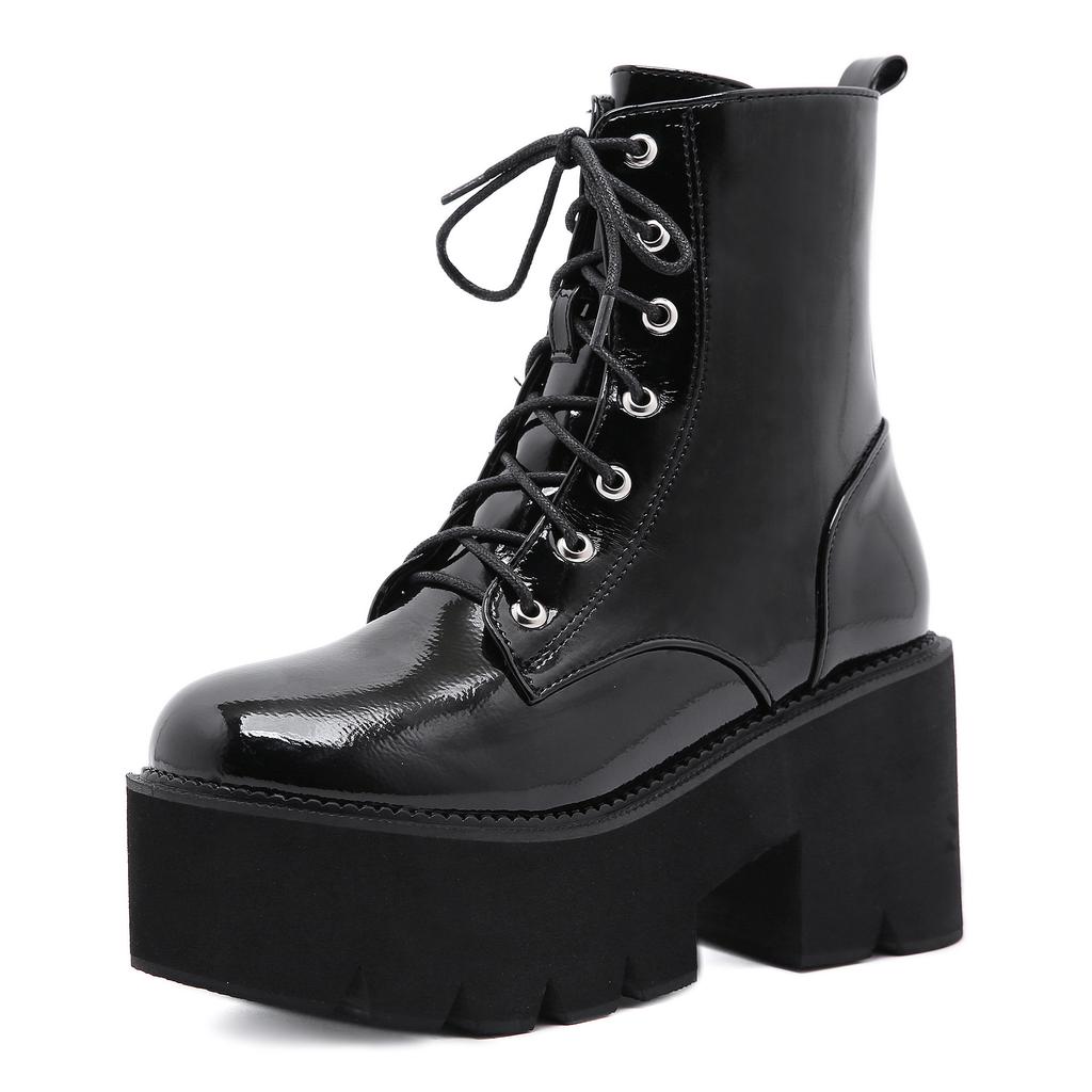 Fashion Comemore Women's Boots Black Back Zipper Chunky Heel Boots Goth Style Lace Up Solid Color Platform Short Botas for Women Fashion