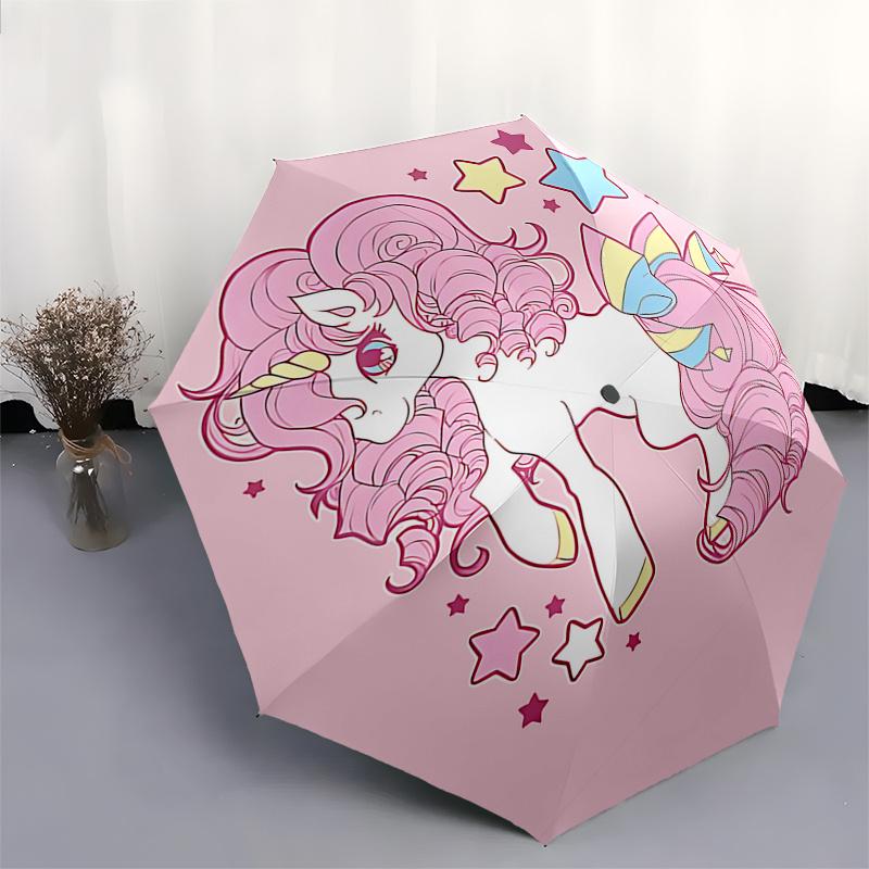 Unicorn Fantasy Automatic Folding Umbrella: Portable 3 Fold Design with 8 Bone Frame, Perfect for Fans and Outdoor Adventures!0104070a