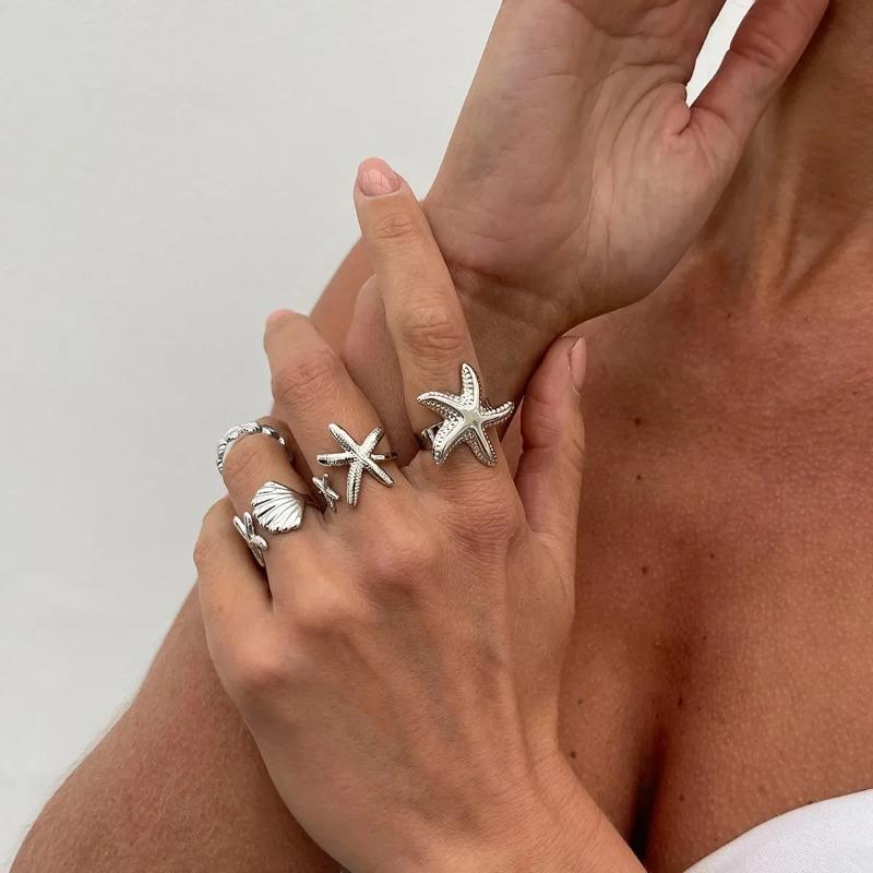 4Pcs/Set Summer Beach Trendy Geometric Gold Silver Starfish Scallop Adjustable Open Rings for Women Jewelry