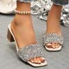 Мода 2025 Роскошные шлепанцы с пайетками и квадратным носком Женские Новые Нескользящие Сандалии на высоком каблуке Женские Повседневные Износостойкие Слипоны Мухер