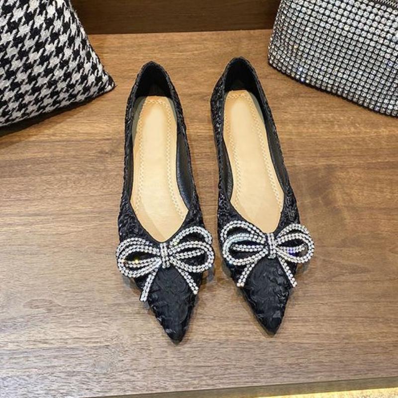 Summer Pointed Toe Rhinestone With Bow Shoes for Women2025 Trend Social Popular Elegant and Fashionable 39 Slip-on Woman Flats