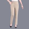 Women Summer Pants Elastic Waistband High Waist Casual Trousers Solid Color Pockets Design Straight Leg Thin Pants Mid-aged Leisure Pants