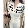 Women's Early Spring Slimming Color Block Striped Knitwear Top with Turn-Down Collar and Long Sleeves
