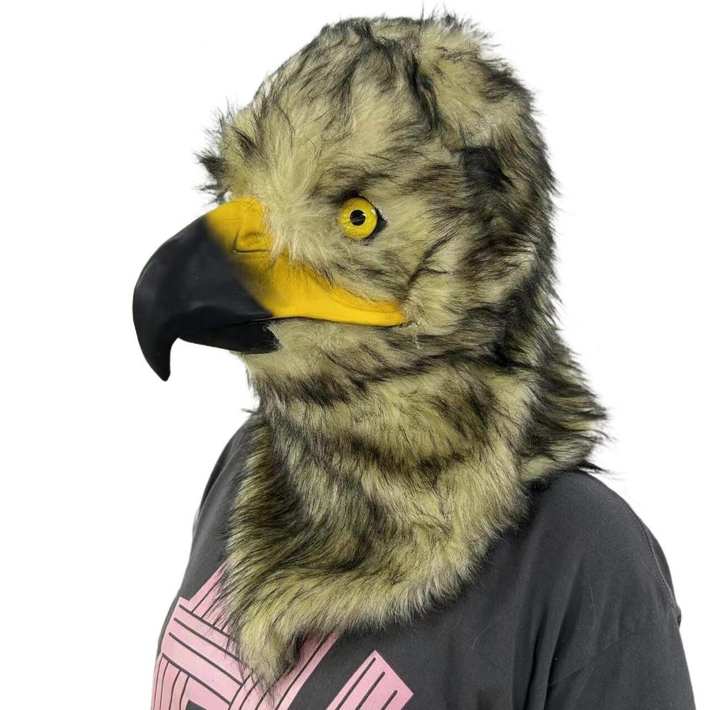 Plush animal headgear, gray eagle mask with movable mouth.