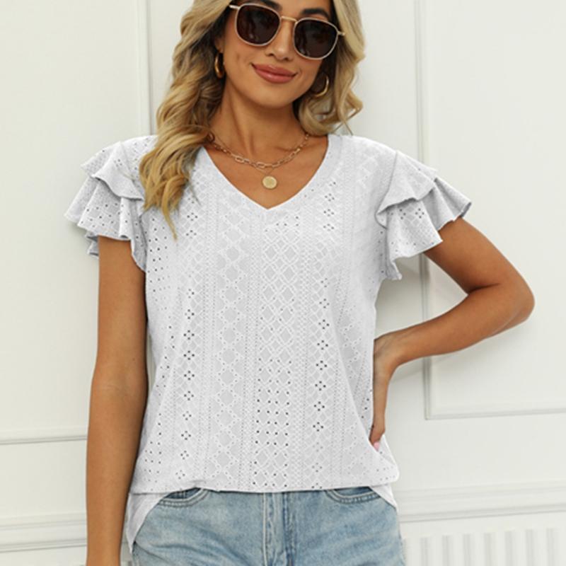 Women's Spring and Summer Solid Color Double-sleeve V-neck Loose Short-sleeved T-shirt