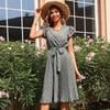 Summer Women V Neck Shoirt Sleeve Lace Up Long A Line Chic Print Green Pleated Dresses