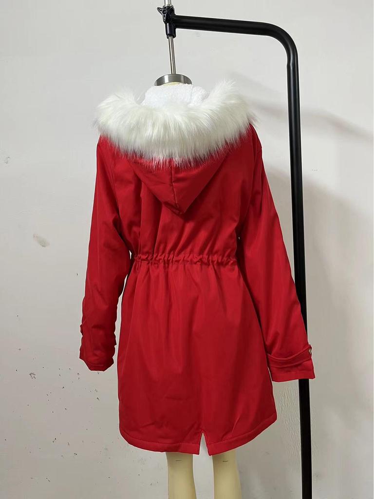 Женское осенне-зимнее полупальто средней длины с белым меховым воротником и капюшоном, на теплой флисовой подкладке