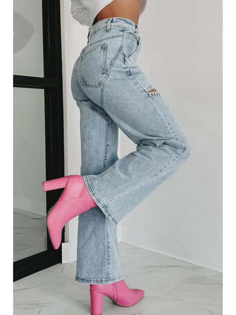 Женские джинсы прямого кроя с высокой талией, цепочкой и выцветшей отделкой 2025 года