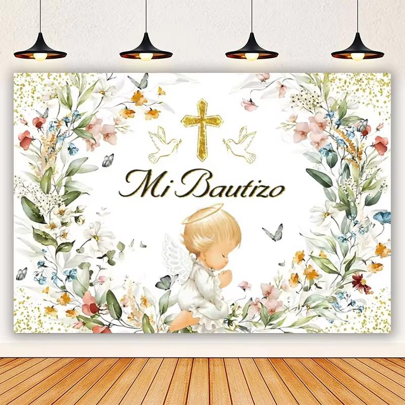 Golden cross white dove my first communion background girl boy baby christening party baby shower decoration background props