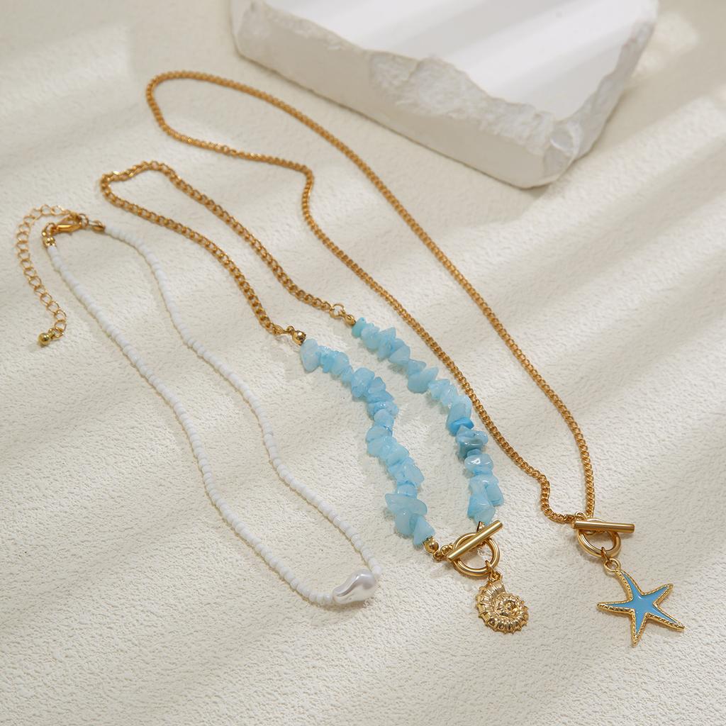 3Pcs/Set Irregular Blue Stone Chain Necklace Women Boho Conch Starfish Pendant Y2K Jewelry Beads Choker