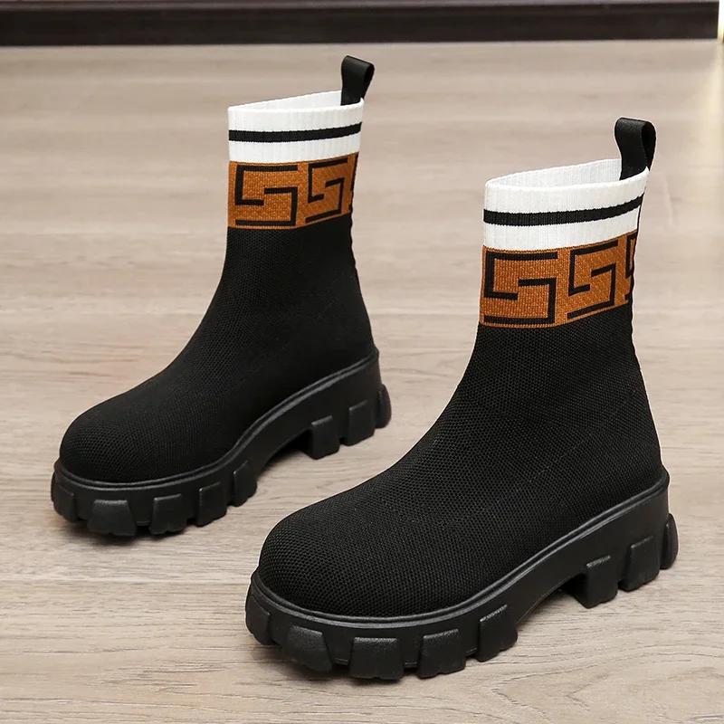 2024 Autumn Winter New Couple Socks Shoes Women Thick-soled Casual Large Size Net Black Knitted Short Boots Women Botas De Mujer