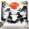 Japanese Samurai Fighting Tapestry Red Sun Bamboo Warrior Anime Style Wall Hanging Polyester Home Decor Print Art Poster Decorat
