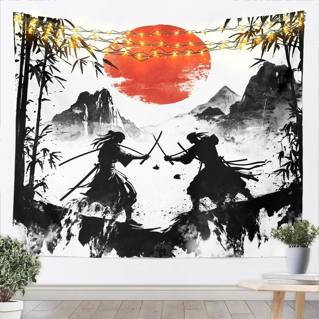 Japanese Samurai Fighting Tapestry Red Sun Bamboo Warrior Anime Style Wall Hanging Polyester Home Decor Print Art Poster Decorat