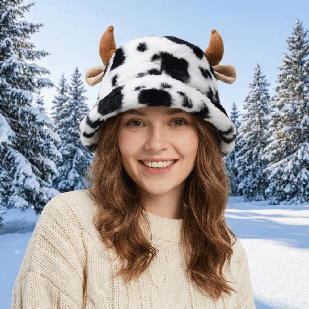 Faux Fur Plush Fisherman Hat Fluffy Winter Plush Hat Retro Cow Horn Bucket Hat Ladies