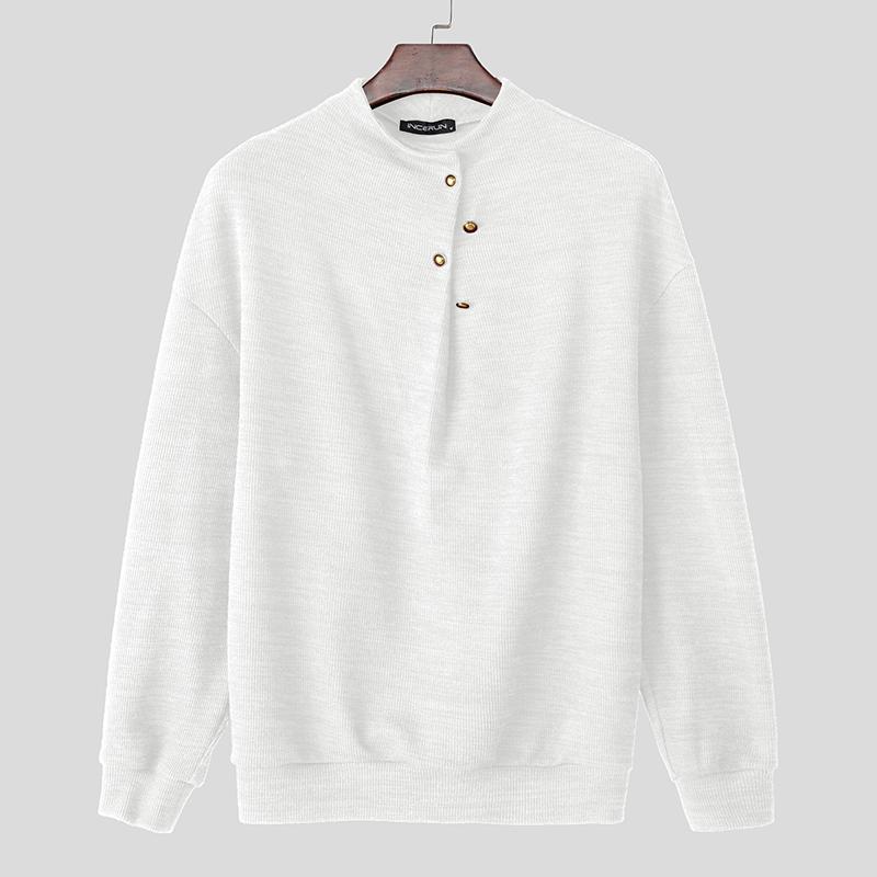 INCERUN Autumn Pullovers Men Stand Neck Long Sleeve Texture Rib Knitted Casual Tops