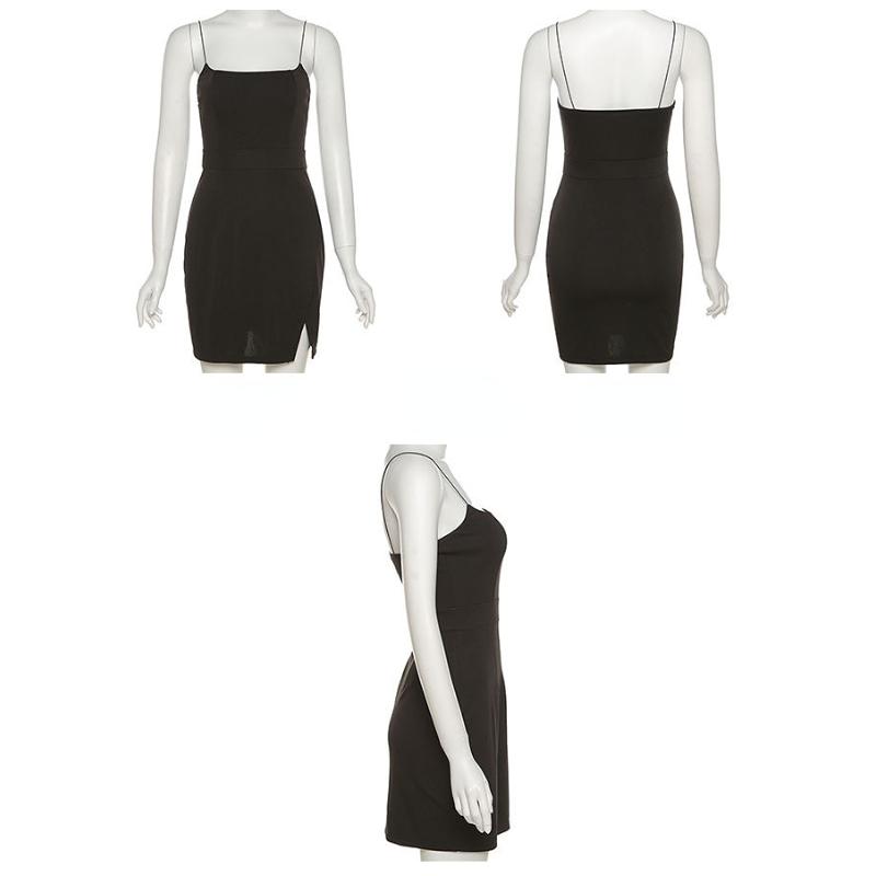 Ins Style Повседневные сплошные цвета Ключицы Тонкие ремни Облегающие талию Платья с бретелькой на шее Сотня открытых платьев-вилок Тонкая сотня одежды Снаружи Маленькое черное платье