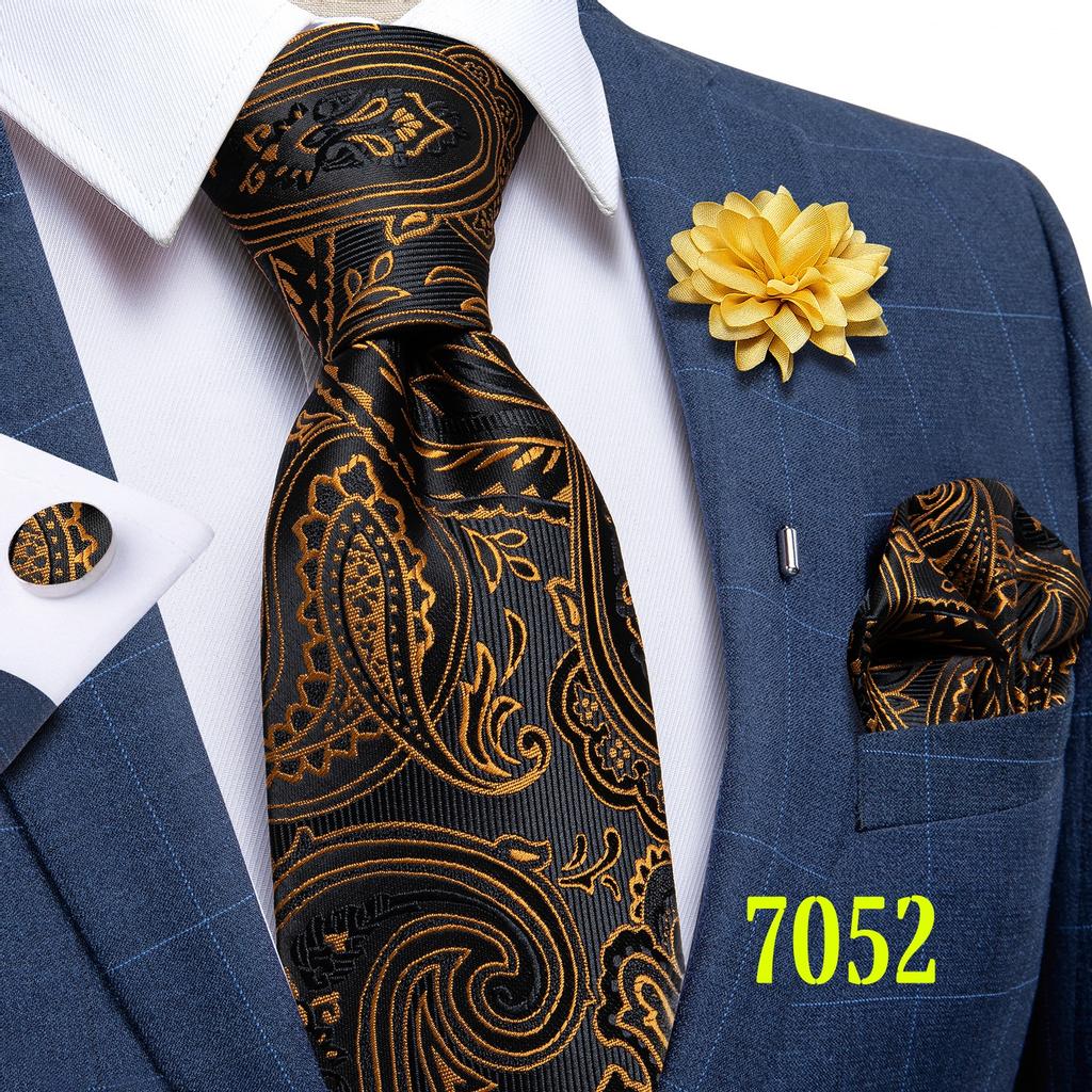 Classic 8.5cm Necktie Set for Men Paisley Tie Fashion Flower Lapel Pin Silk Tie Hanky Cufflink Business Party