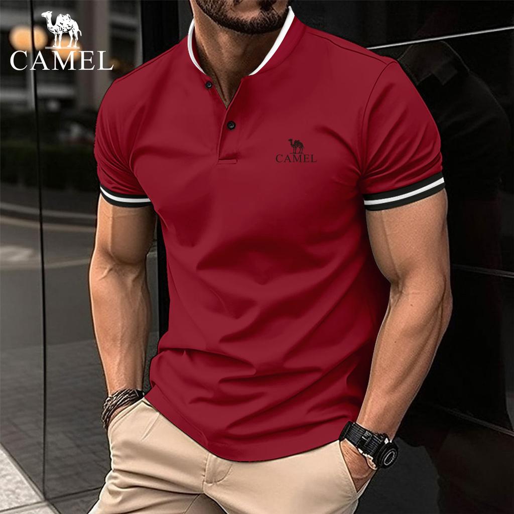 Camel 2024 Summer Polo Shirt with Embroidered Polo Collar and Button Pockets for Men's Sports Polo Shirt