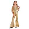 Girls Fashion Spaghetti Strap Sleeveless Sparkly Sequins Tassels Shiny High Waist Flared Jumpsuit Pageant Outfit