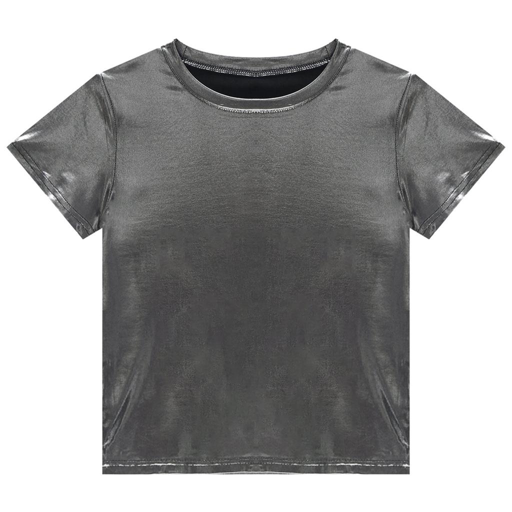 Мужская футболка с коротким рукавом и круглым вырезом, однотонные блестящие металлические топы для танцевальной вечеринки на отдыхе
