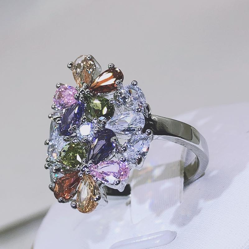 New Arrival Flower Shape Zircon Wedding Rings For Women Multicolor Crystal Zirconia Luxury Birthday Ring Party Jewelry Gift