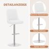 Height-adjustable bar stool, set of 2, 360 degrees swivel, backrest with white PU leather, legs of silver metal. For kitchen islands and bar counters.