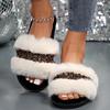 Fashion Luxury Women's Fluffy House Slippers Bling Crystal Decor Faux Fur Slides Woman Autumn Winter Open Toe Non Slip Plush Slippers