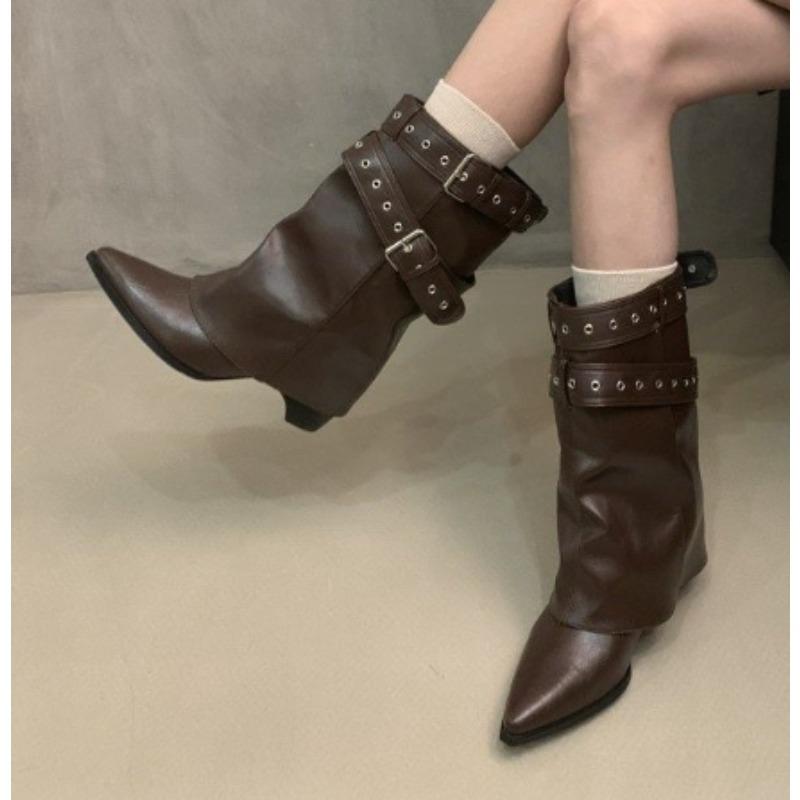 Мода Новый Стиль Винтажные Женские Ботильоны на Толстом Каблуке Женские Западные Ковбойские Сапоги Модная Пряжка на Ремне Женские Элегантные Ботильоны до Середины Икры Слипоны