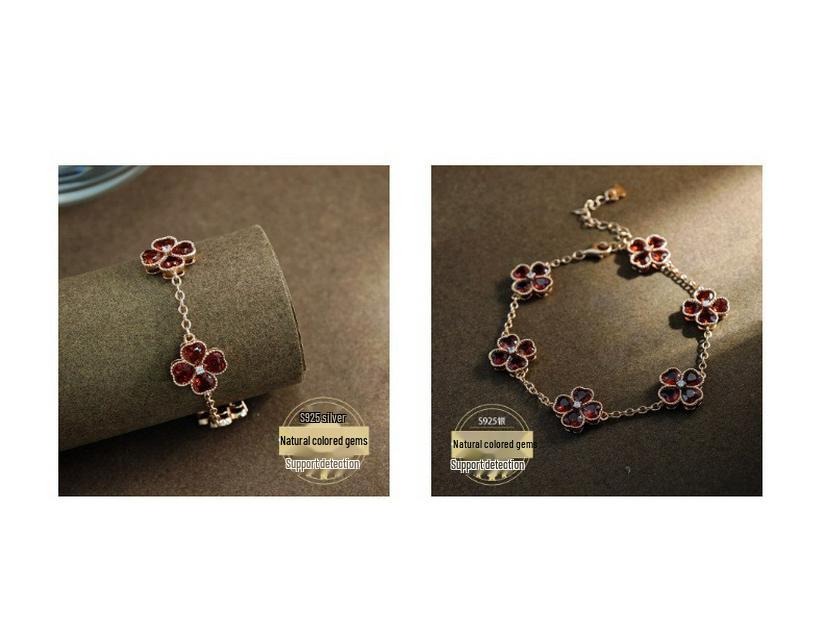 Браслет из натурального граната в виде четырехлистного клевера с серебром S925 для женщин