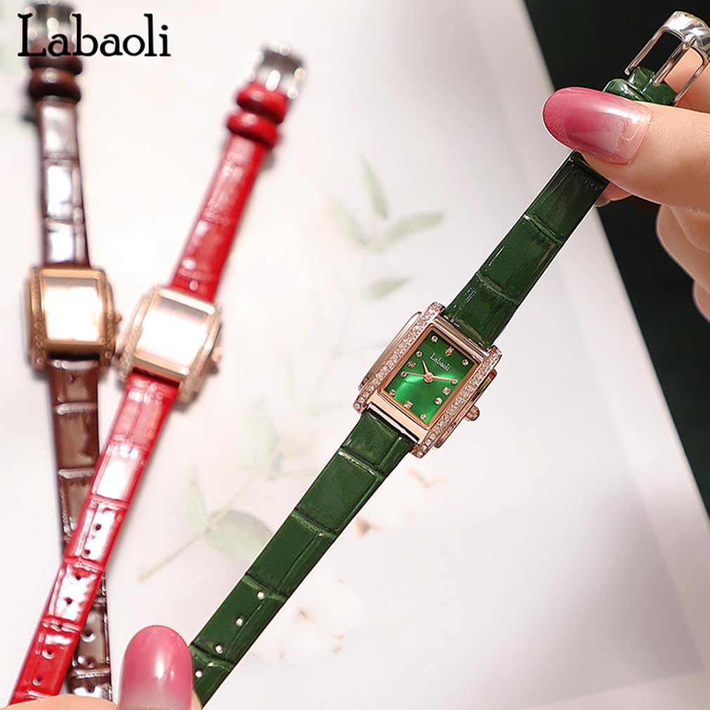 Часы с квадратным кожаным ремешком и бриллиантами на руку, маленькие стильные водонепроницаемые, простые, деловые, брендовые, милые, повседневные, роскошные, настоящие, зеленые часы для женщин