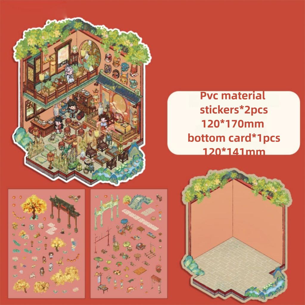 Китайские ретро 3D наклейки с многослойным пейзажем, мультяшные наклейки для ландшафтного дизайна, родитель-ребенок