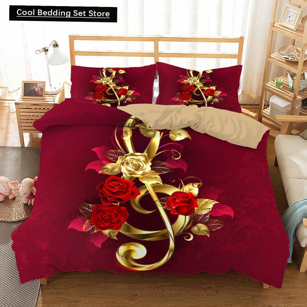 Пододеяльник Golden Red Rose King Queen Романтический комплект постельного белья с цветочным принтом Цветы ко Дню святого Валентина Пододеяльник из полиэстера