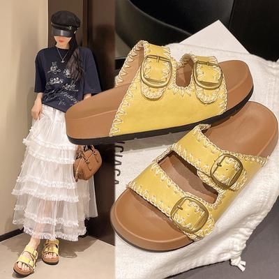 2025 лето новый кожаный дизайн с пряжкой чувство простой стиль низкий каблук шлепанцы темпераментный модный универсальный легкий и знакомый модные шлепанцы