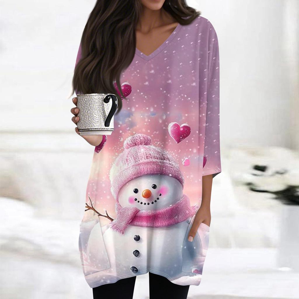 Женские топы с V-образным вырезом и рукавом 3/4, повседневные блузки средней длины, модные туники с рождественским принтом и карманами