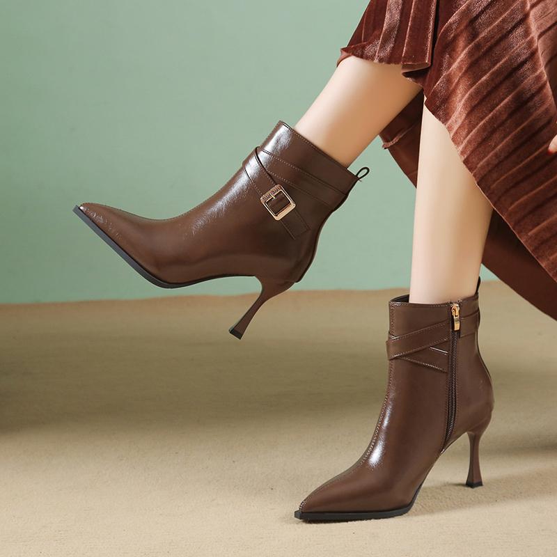 Модные женские зимние ботильоны большого размера на высоком тонком каблуке, для вечеринки, офисные, с острым носком, на молнии и с пряжкой, в стиле панк, короткие ботинки 2024 новинка