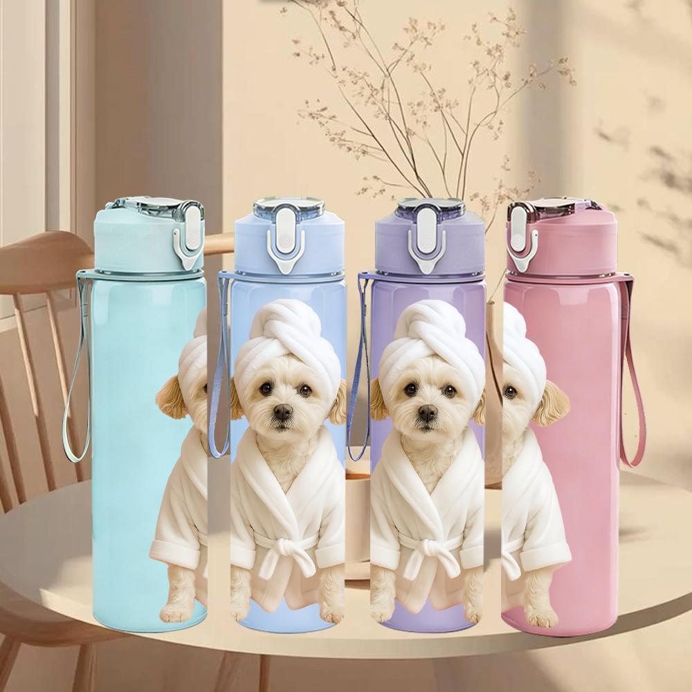 1PC Bathing White Puppy Art 750ml Color Plastic Sports Water Bottle Leakproof Flip Straw Lid Suitable for Sports Office Home Use