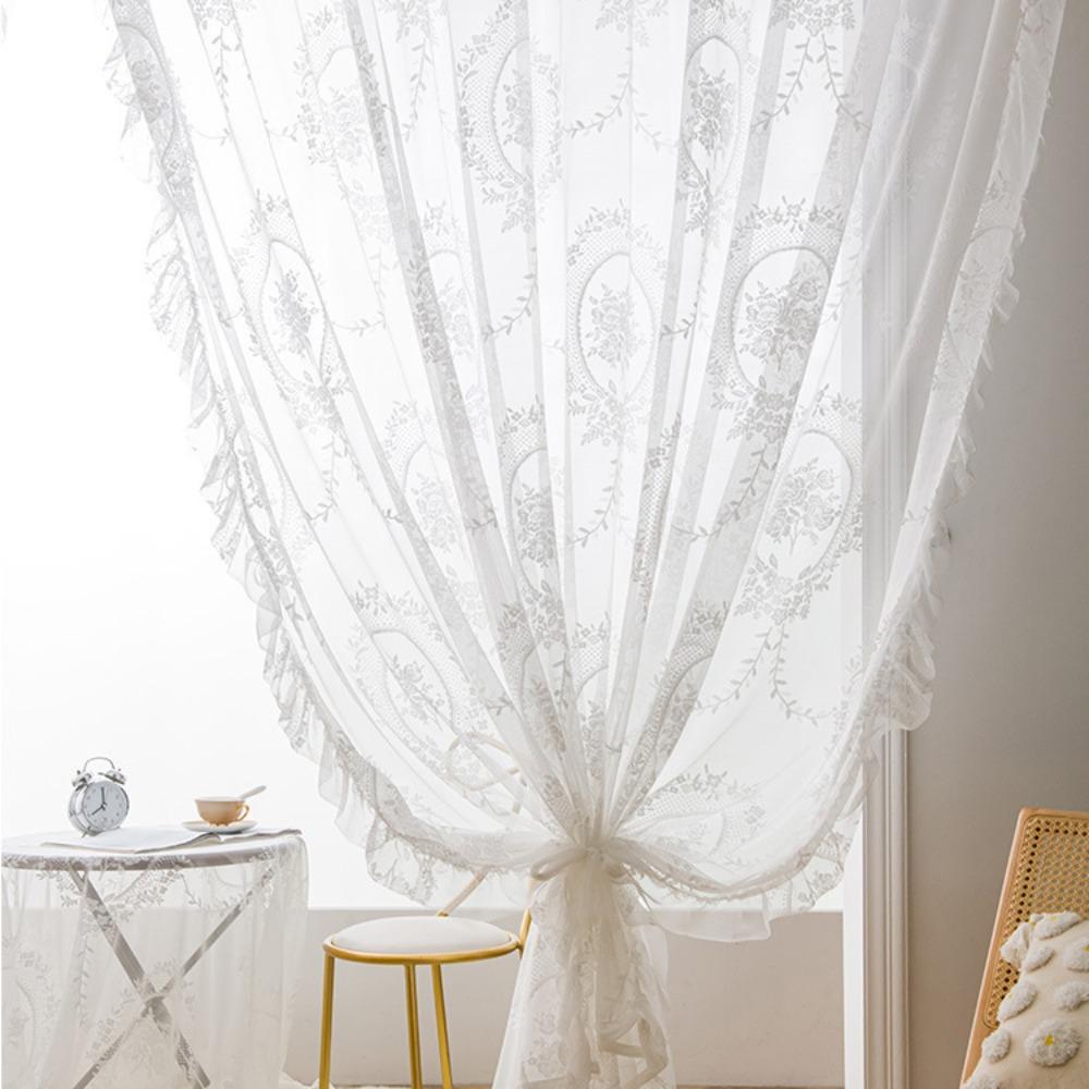 2 Pcs Retro Gauze Curtain Ruffled Edge Voile Curtain Home Decor French Lace Floral Curtain  Bedroom