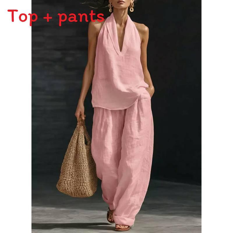 Cotton Linen Blend Sleeveless Pantsuit With Patching For Casual Women Spring Summer