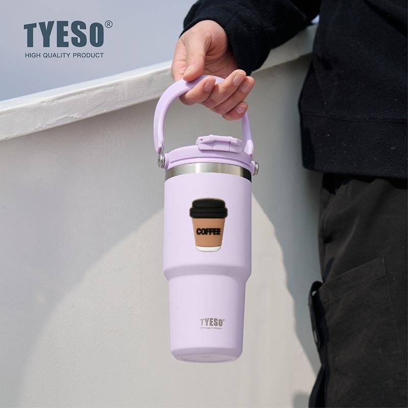 Tyeso Термос 1050 мл с ручкой, кружка для двух напитков, стальная кружка для льда, автомобильная бутылка, сохранение тепла и холода, большая емкость, с наклейкой для кофе