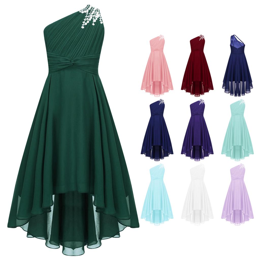 Kids Girls One Shoulder Sleeveless Bridesmaid Dress High Waist Party Dress for Evening Proms Gowns