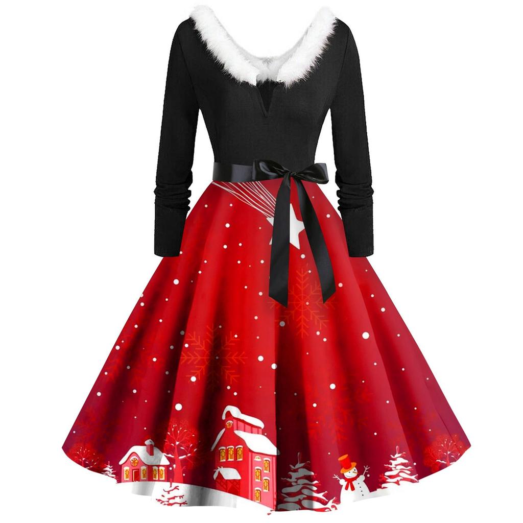 Женское винтажное платье с длинным рукавом и рождественским принтом в стиле 1950-х годов для вечеринки, выпускного вечера, для домохозяйки