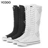 Spring Autumn Women Boots Canvas Mid Calf Boots Casual High Top Shoes Long Boots Lace Up Zipper Comfortable Flat Boots Size 34-43