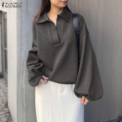 Женские повседневные топы с отложным воротником, свободные, с длинным рукавом, осенние