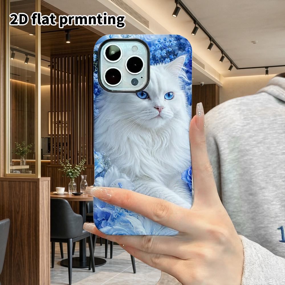 Phone Case: 2D flat design suitable for iPhone 18, 17, 16, 15, 14, 13 Pro film protective case, couple style, blue-eyed white cat, Christmas and Hallo
