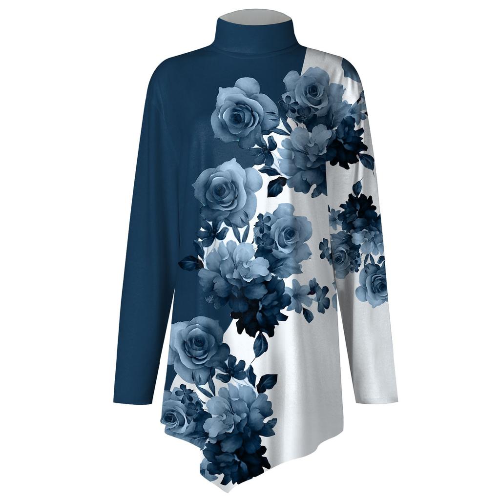 Casual Fashion Floral Print Shirt Tops High Neck Irregular Hem Long Sleeve Pullover Tops