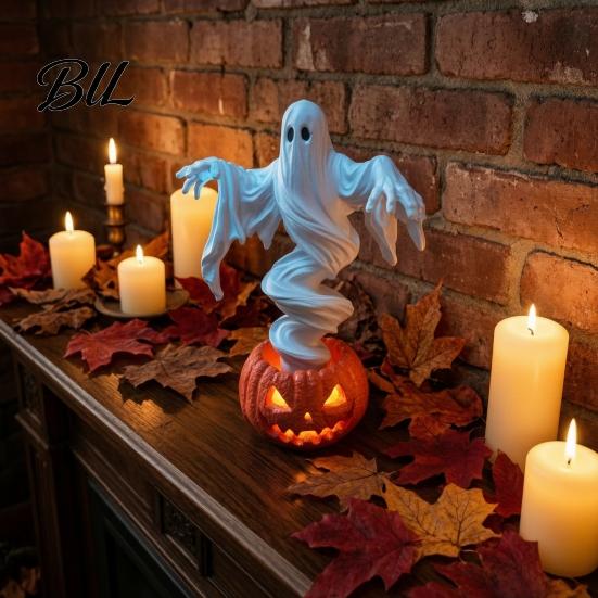 Halloween Yard Porch Accents Swirling Ghost Pumpkin Lamp, Lighted Spooky Statue, Warm LED Outdoor Scary Night Light for Party Decor, Fall Autumn