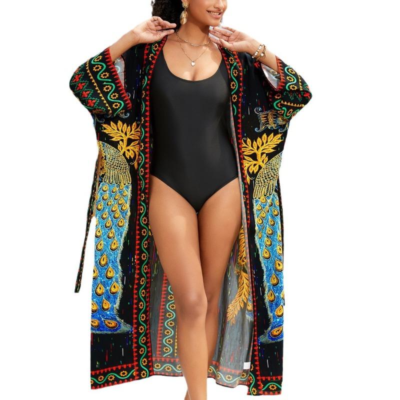 Плюс Размер Женский Пляжный Принт Кардиган Бикини Солнцезащитный Купальник С Накидкой
